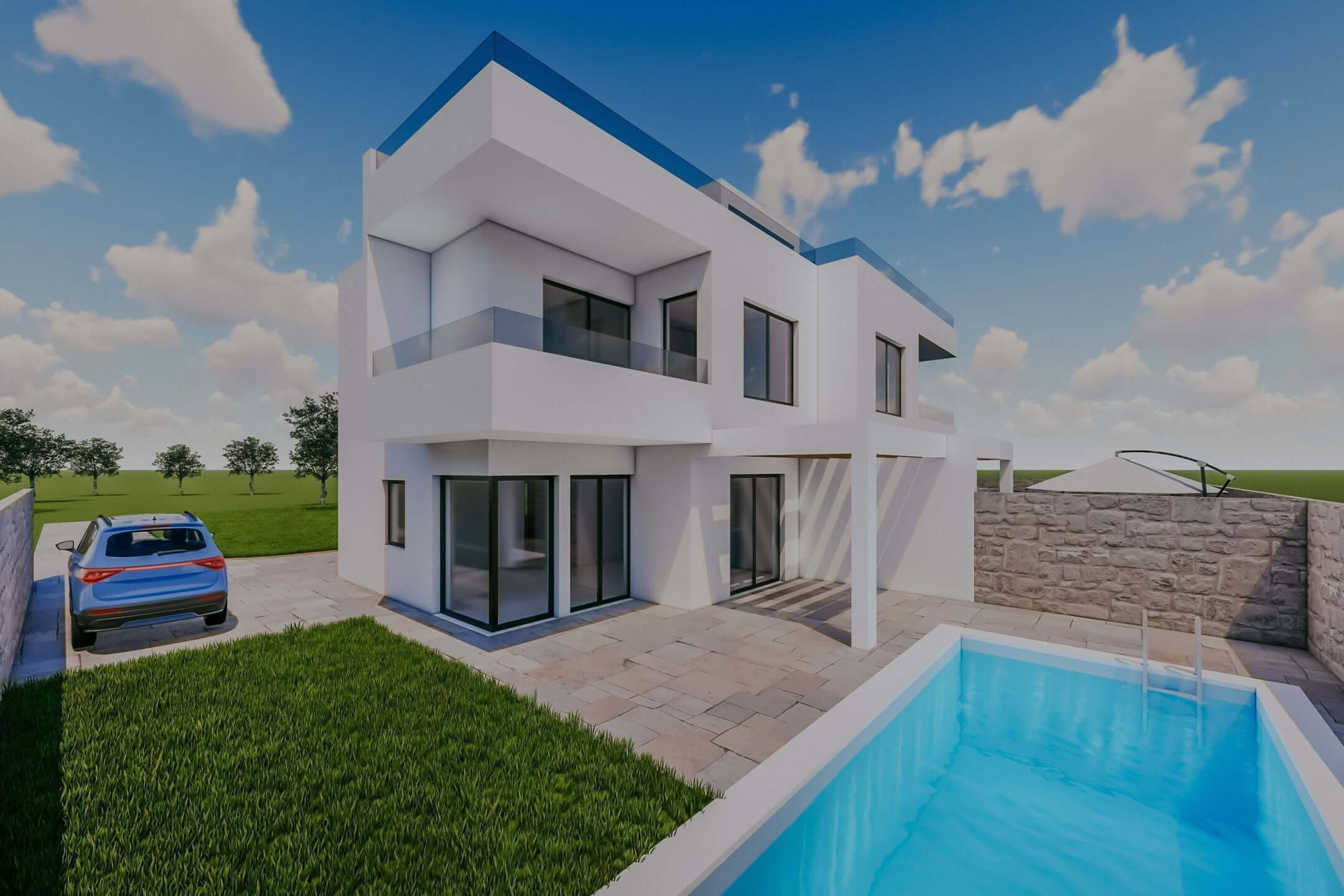 Umag, Finida | Eine Doppelhaushälfte mit Swimmingpool und offenem Meerblick