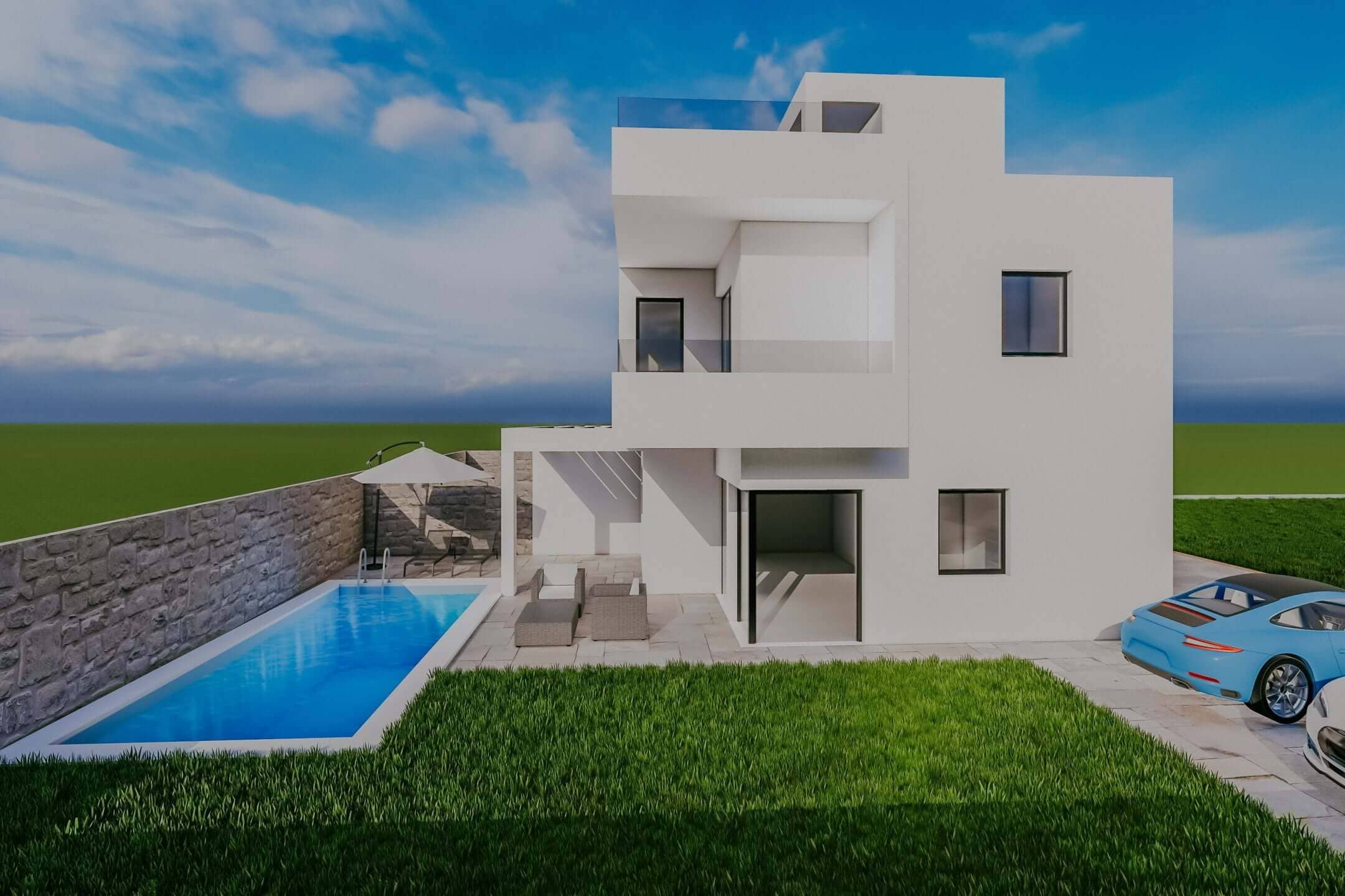 Umag, Finida | Eine Doppelhaushälfte mit Swimmingpool und offenem Meerblick