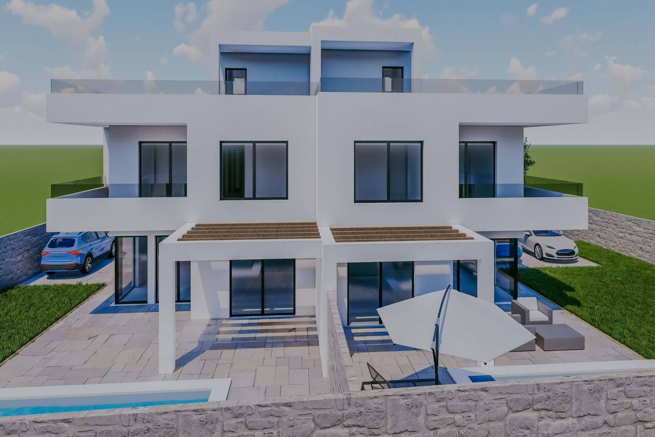 Umag, Finida | Eine Doppelhaushälfte mit Swimmingpool und offenem Meerblick