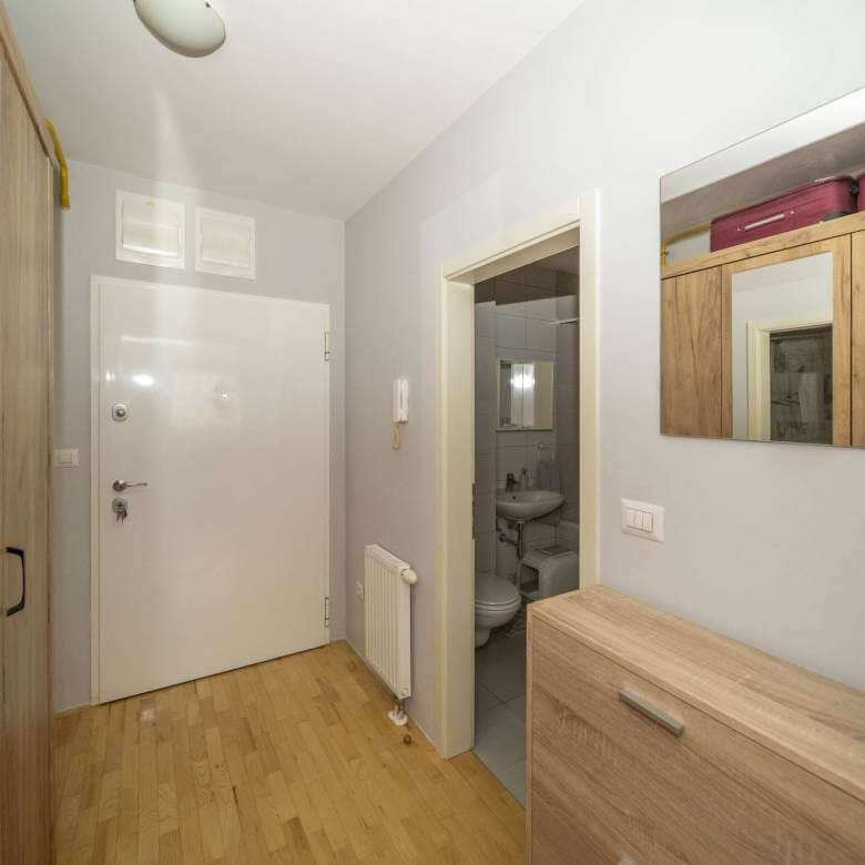 Ulaz u hodnik s bijelim ulaznim vratima, svijetlim drvenim podom, radijatorom i drvenom komodom; vrata kupaonice s desne strane.